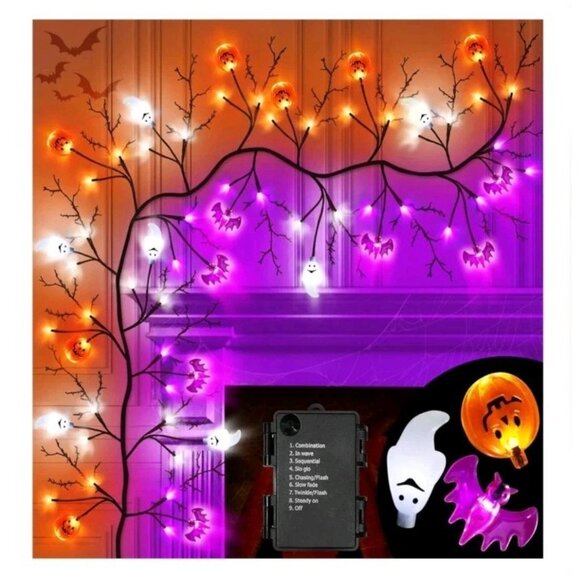 7 Ft 63 LED Halloween Willow Vine Twig Garland with 8 Modes Timer Orange Purple - Picture 3 of 6